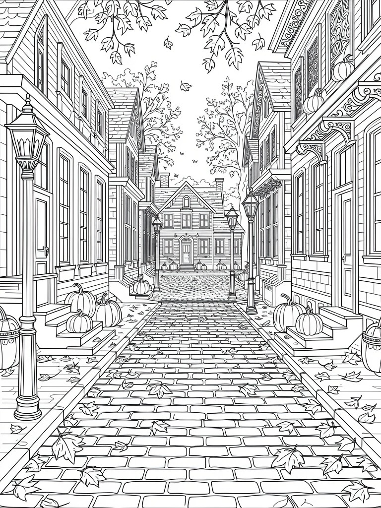 Line drawing of a cobblestone alley in autumn lined with detailed houses, street lamps, pumpkins on steps, and scattered leaves.
