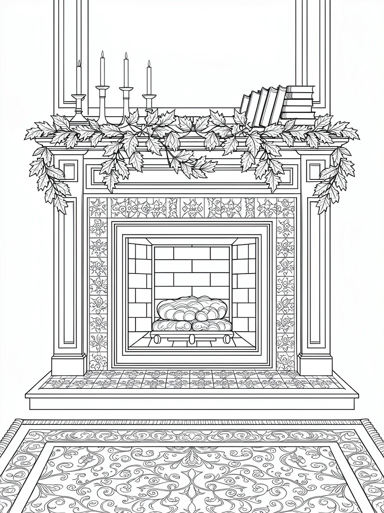 Line drawing of a decorative fireplace with holly garlands, candles, and books on the mantel, pumpkins in the hearth, ornate tiled surround, and patterned rug.