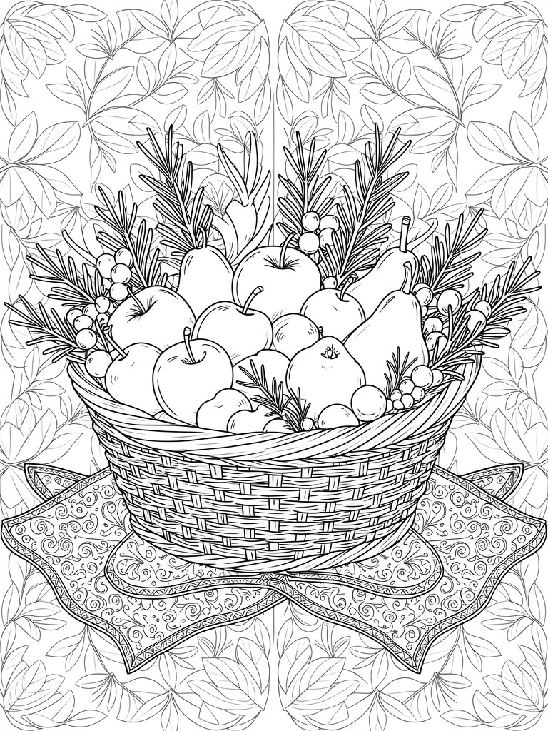 Line drawing of a wicker basket filled with apples, pears, berries, and rosemary on a patterned cloth amid floral and leaf motifs.