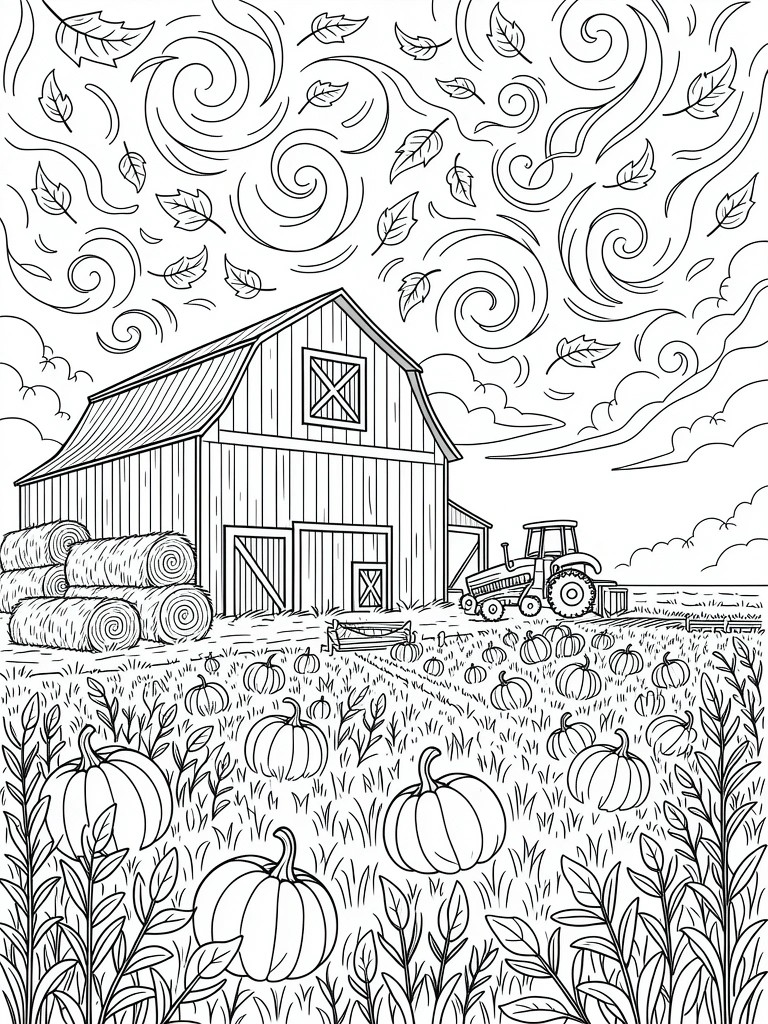 Line art of a barn with hay bales, tractor, pumpkin field, and swirling fall leaves in the sky.
