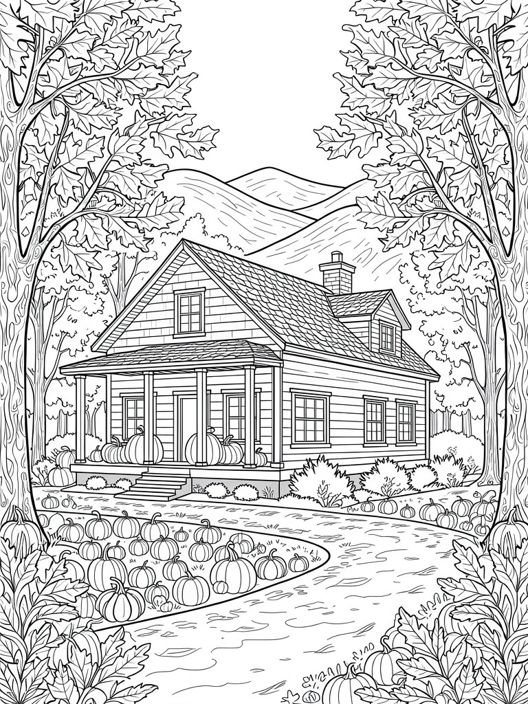 Line drawing of a cabin with porch and pumpkins, framed by autumn trees with mountains behind and a path through a pumpkin patch.