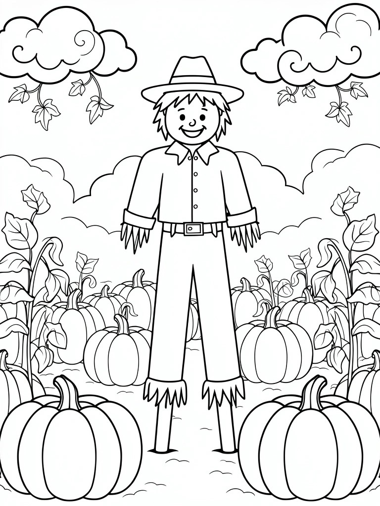 Line drawing of a smiling scarecrow in overalls and hat standing among pumpkins, vines, clouds, and leaves.