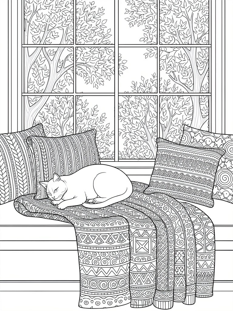 Line drawing of a sleeping cat on a window bench with patterned pillows, blanket, and trees visible through the window.