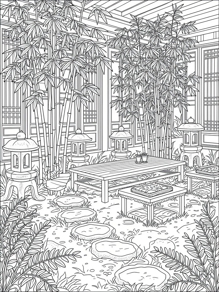 Detailed line drawing of a bamboo courtyard with stone path, wooden table, lanterns, and traditional screens.