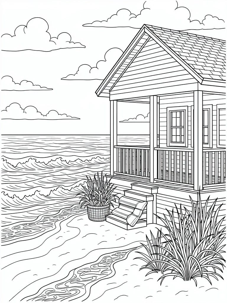 Line art coloring page of a wooden house on beach stilts facing ocean waves, with porch, steps, grasses, sand, clouds, and sea.