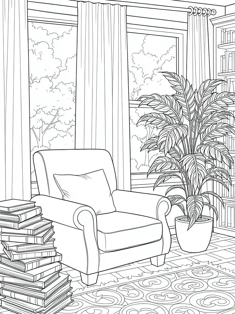Line drawing of room corner with armchair, book stack, houseplant, large curtained windows showing trees, rug, and bookshelf.