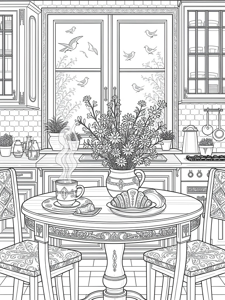 Line art coloring page of a detailed kitchen with ornate table set for tea, daisy vase on sink, and window with birds.