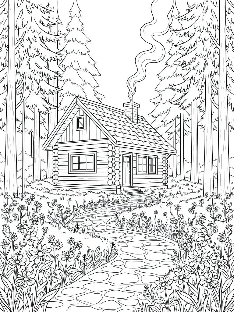 Black and white line drawing of a log cabin centered in a pine forest with a flower-lined path and chimney smoke.