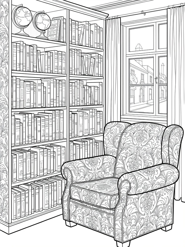 Line drawing of bookshelves, patterned armchair, curtains, and window in a room corner.