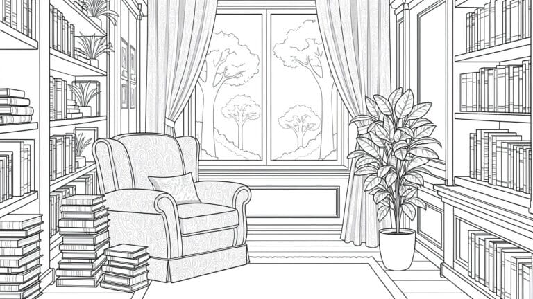 18 Slow Cozy Coloring Pages for Gentle Days Line drawing of room corner with armchair, book stack, houseplant, large curtained windows showing trees, rug, and bookshelf.