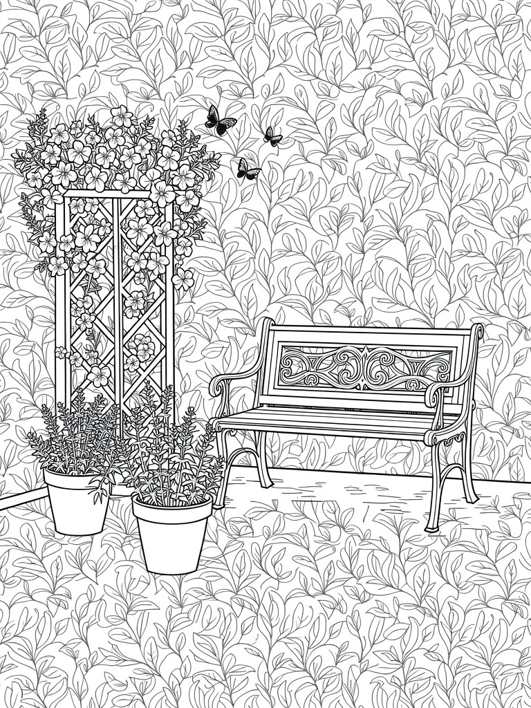 Line art coloring page depicting a wooden bench next to a flower-covered trellis arch, with butterflies, potted plants, and dense leafy background patterns.