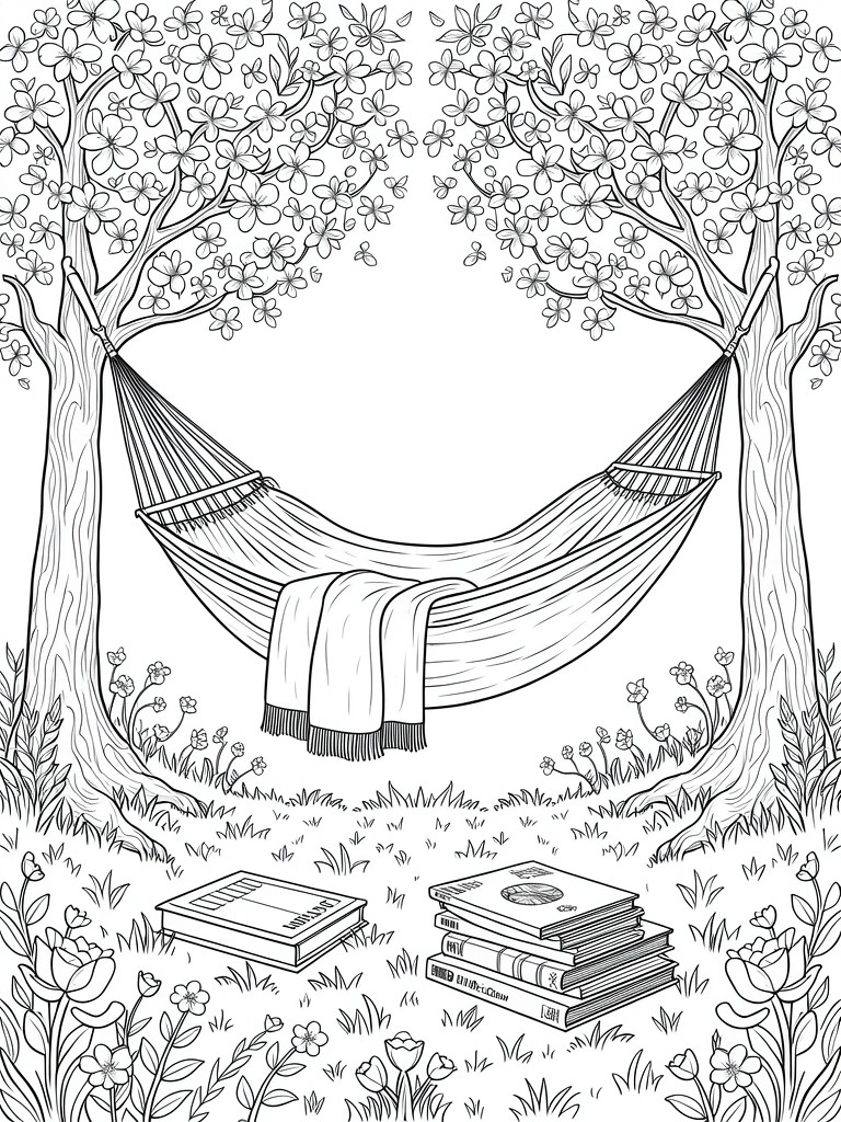 Black line drawing of a hammock slung between two flowering trees, with books, a blanket, grass, and flowers.