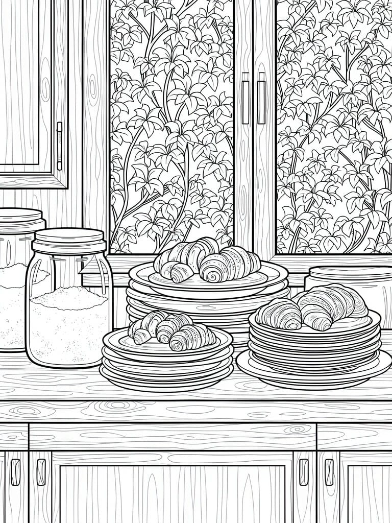 Line art of a wooden kitchen counter holding stacked plates with escargot shells, two jars, and a backdrop window with leafy vine patterns on the glass.