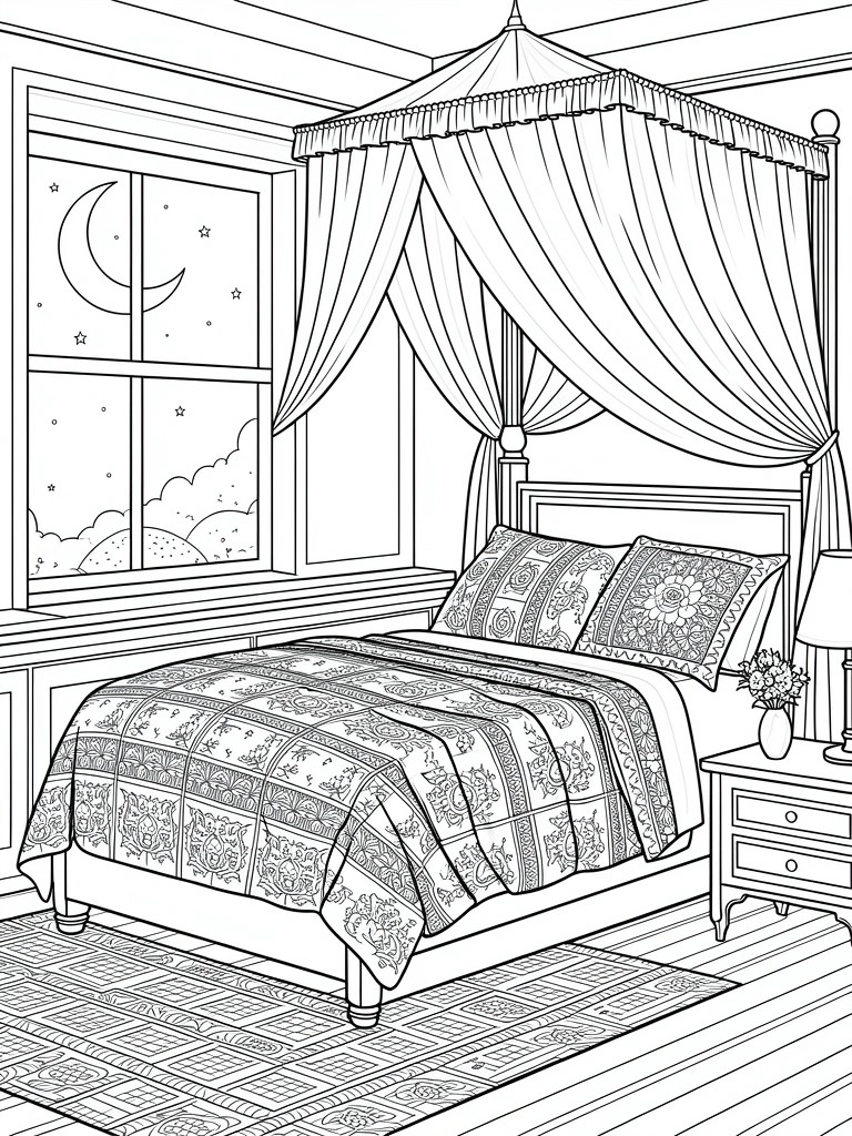 Line art coloring page of a bedroom corner featuring a canopy bed, patterned bedding, nightstand with lamp, and moonlit window.