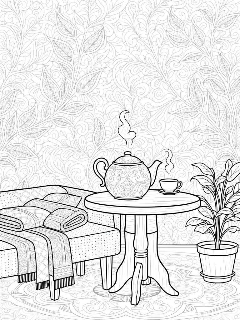 Line art coloring page of a teapot and cup on a table next to a daybed in a room with floral wallpaper, plant, and rug.