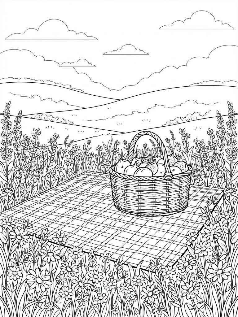 Line art coloring page of a basket of apples on a checkered picnic blanket surrounded by wildflowers, field, hills, and cloudy sky.