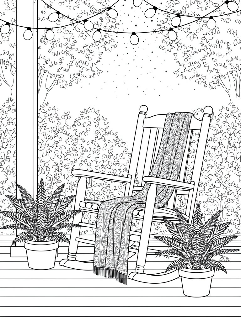 Line drawing of a rocking chair with blanket on a porch, potted ferns on sides, trees and bushes behind, string lights above, and starry sky.