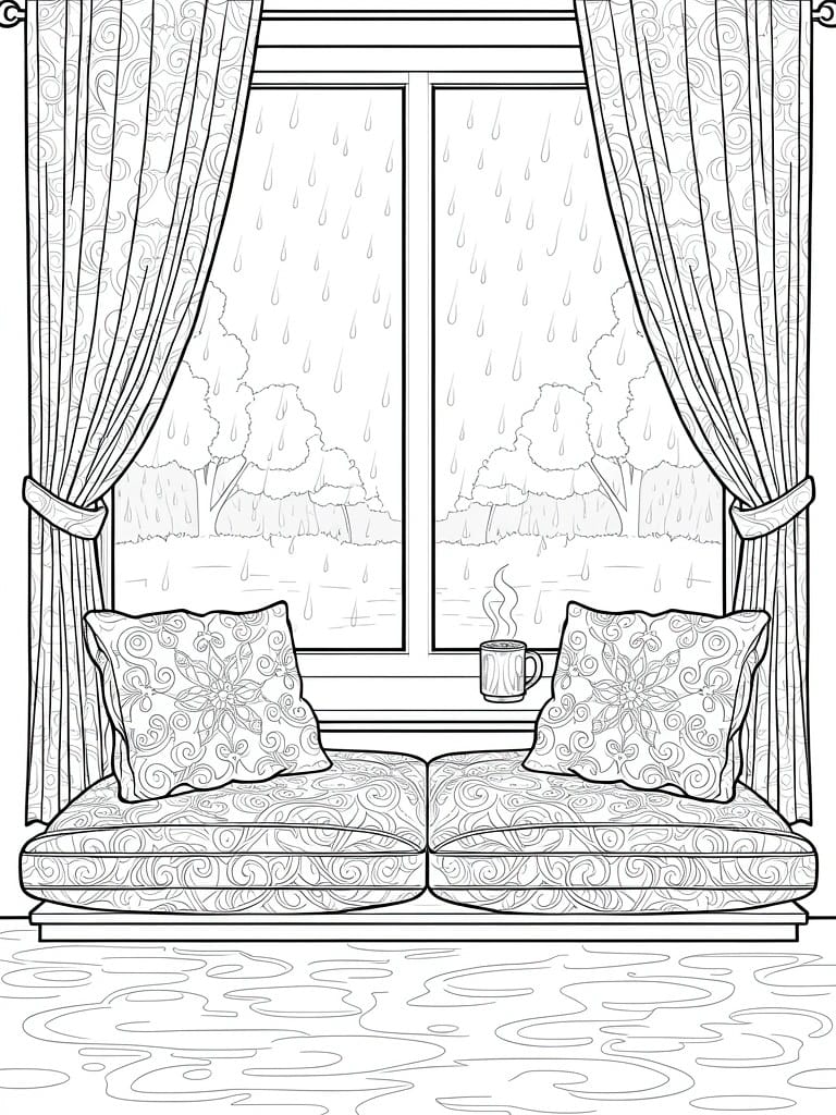 Line drawing of window seat with patterned pillows, steaming mug, curtains, rainy view of trees and water, floor puddles.