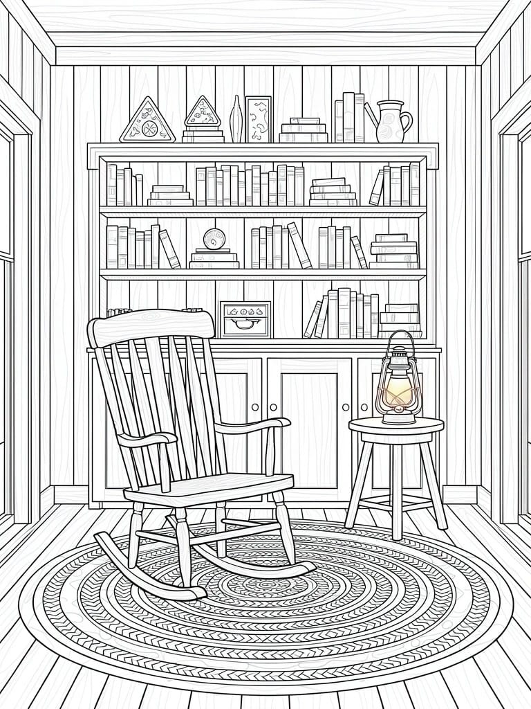 Line drawing of a wooden cabin room interior with bookshelves, rocking chair on rug, side table, lantern, and doors.