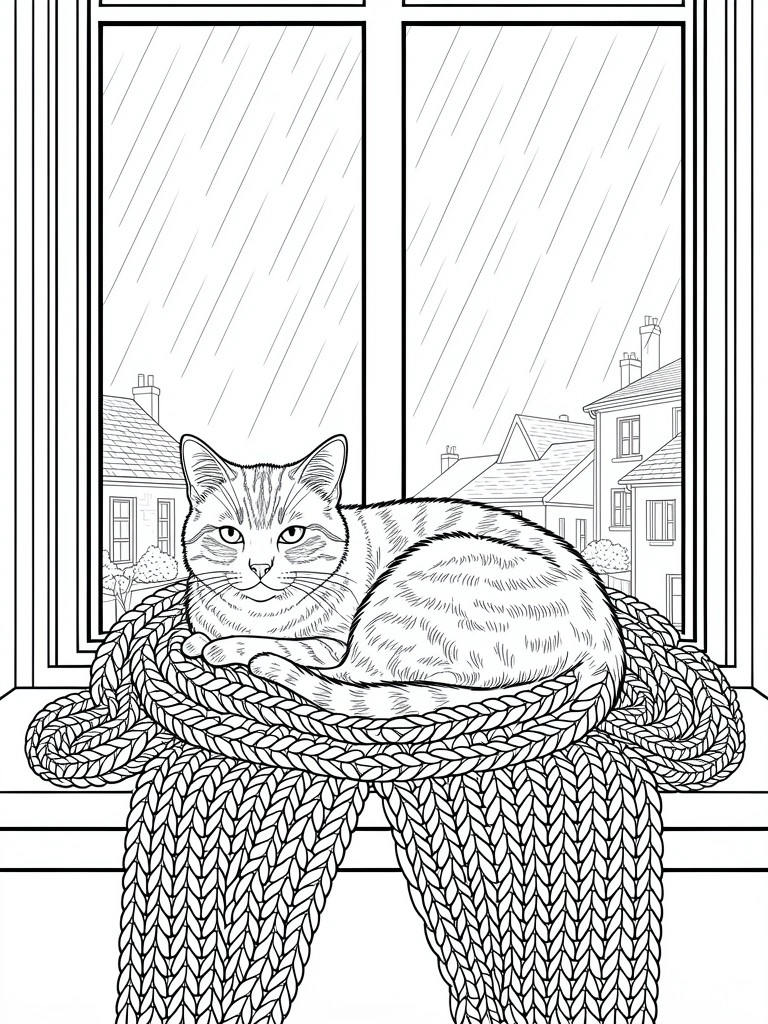 Line drawing of a tabby cat on a windowsill with knitted blanket, gazing out at rainy houses.