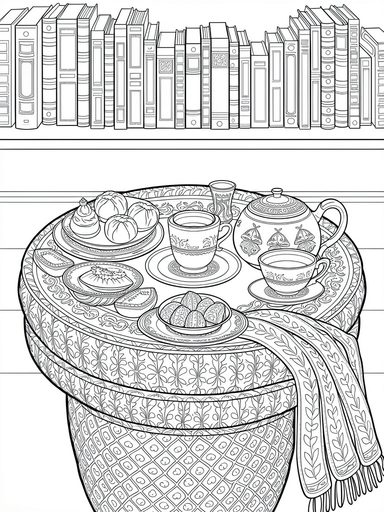 Line art coloring page of bookshelves above a round table holding teapot, cups, saucers, and plates of food.