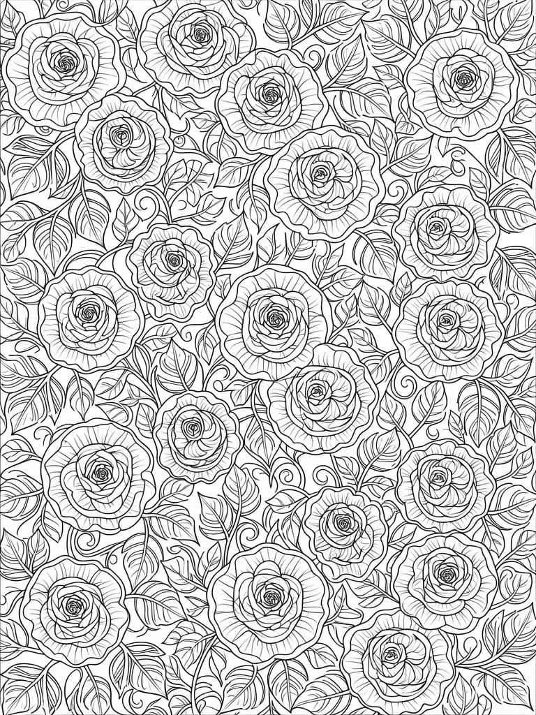 Black line art of densely packed roses, leaves, and vines in a repeating all-over pattern.