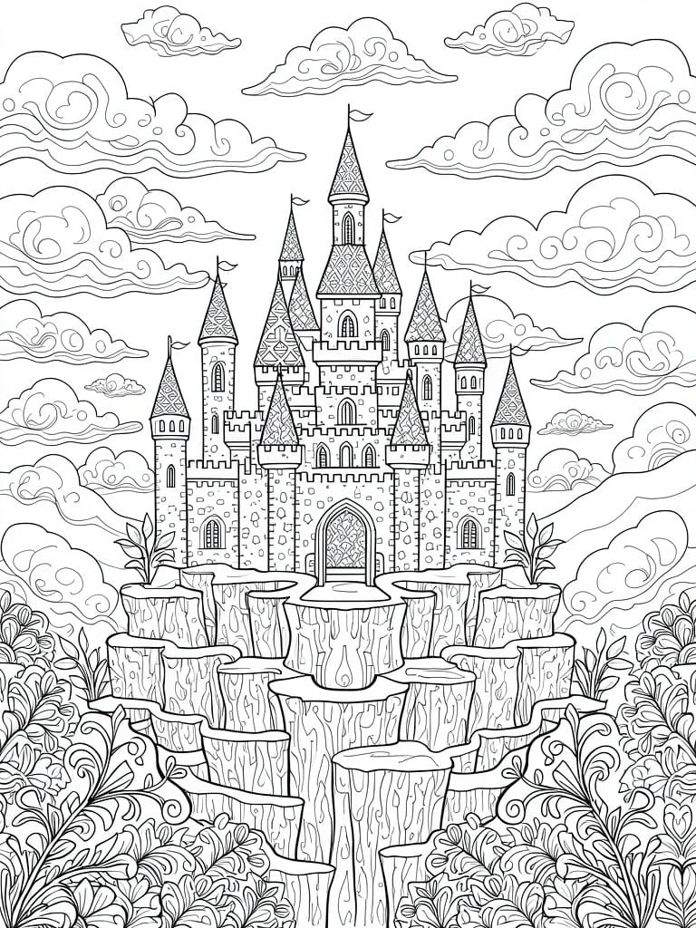 Black line art of a detailed castle on stacked rocky pedestals with swirling clouds and vines.