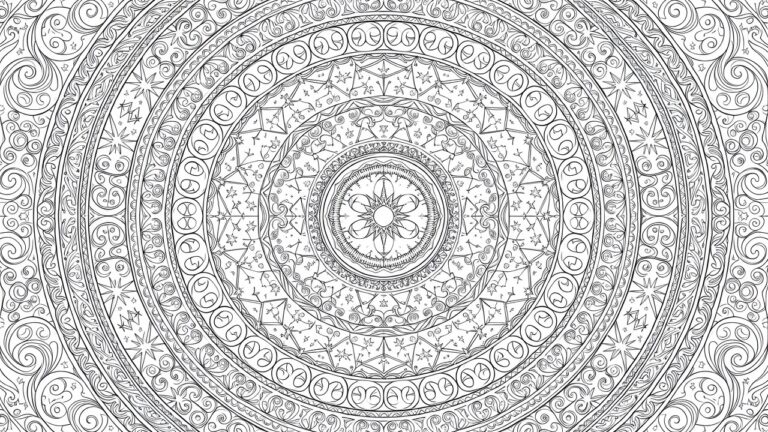 Detailed line art coloring page of a circular mandala featuring floral patterns, stars, and constellations framed by ornate borders.
