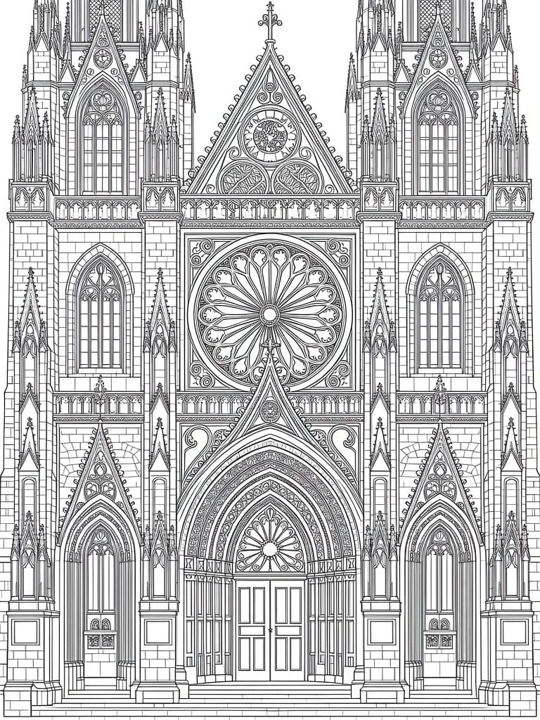 Line drawing of a detailed Gothic cathedral facade featuring spires, rose window, arches, and ornate stonework.