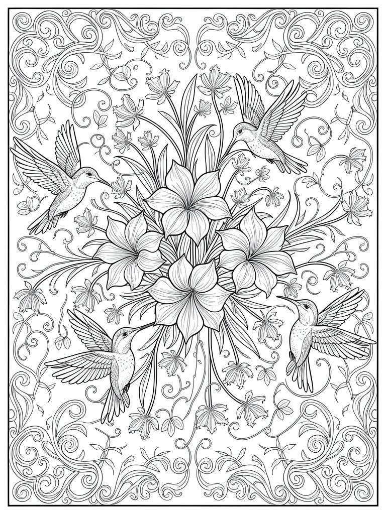 Coloring page with central plumeria flowers, four hummingbirds flying nearby, vines, and ornate swirling border.