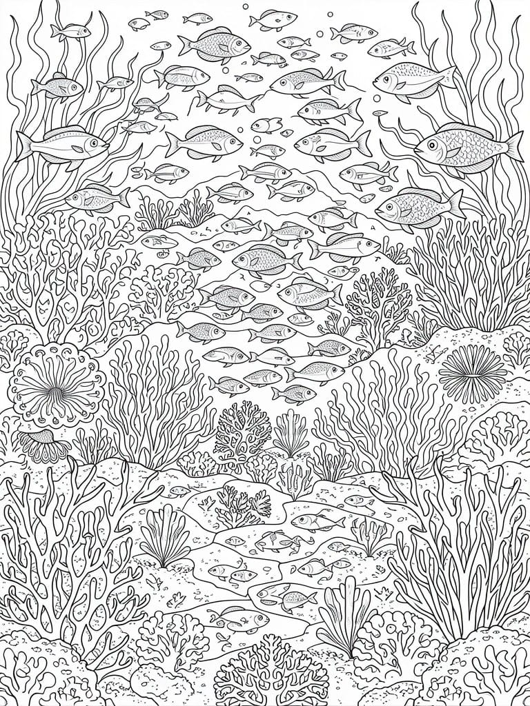 Black and white line drawing of an underwater reef scene filled with schools of fish, corals, seaweed, and anemones.