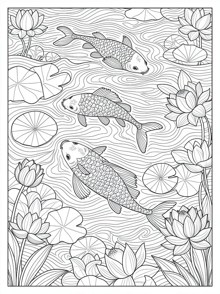 Line art coloring page featuring three patterned koi fish swimming among detailed lotus flowers, lily pads, and wavy pond water.