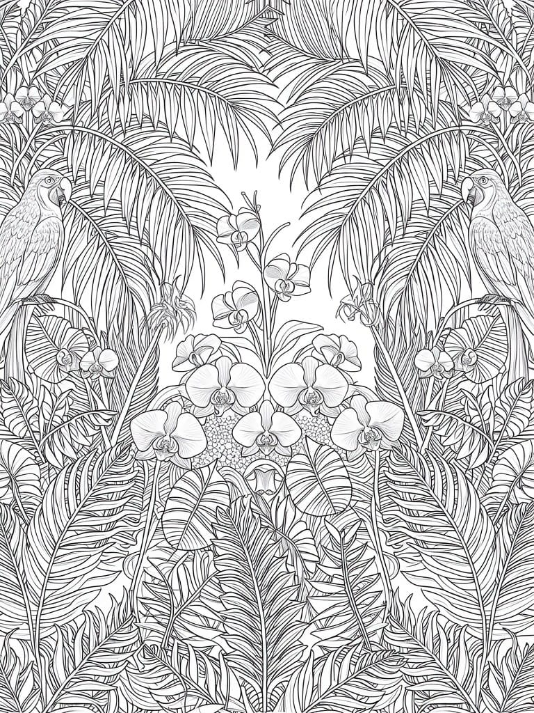 Black and white line drawing of symmetrical tropical foliage with central orchids, side parrots, palm leaves, ferns, and monstera plants.