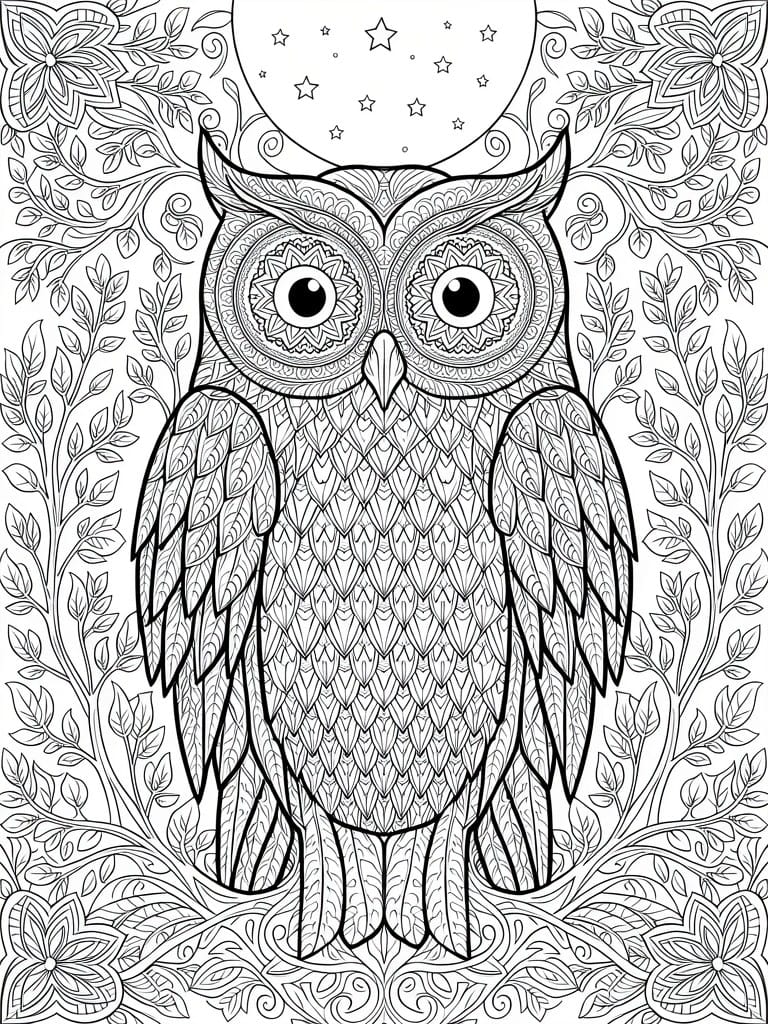 Black line art of a symmetrical owl with intricate feather patterns, surrounded by floral vines and a starry moon above.