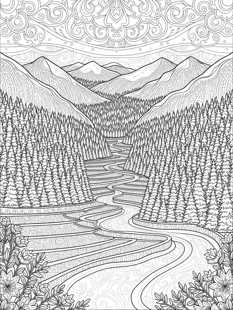 Black and white intricate line drawing of a mountain valley scene with winding river through pine forest, snow peaks, mandala sun above, and floral borders below.