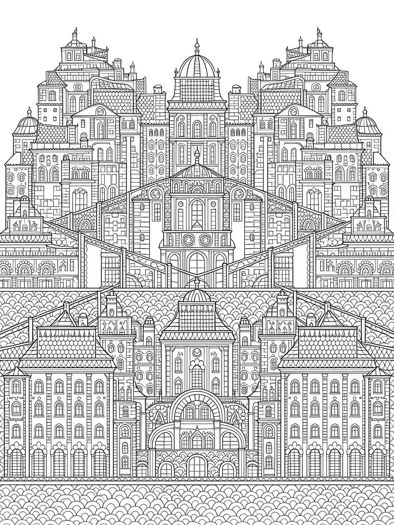 Detailed black line drawing of a tall, symmetrical multi-tiered fantasy palace with domes, towers, arches, and wavy base patterns.