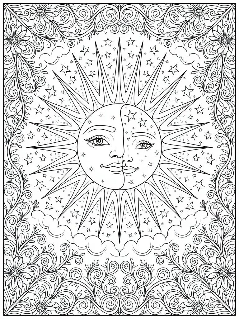 Black and white line drawing of a central smiling sun face with moon half, rays, stars, clouds, and intricate floral borders.
