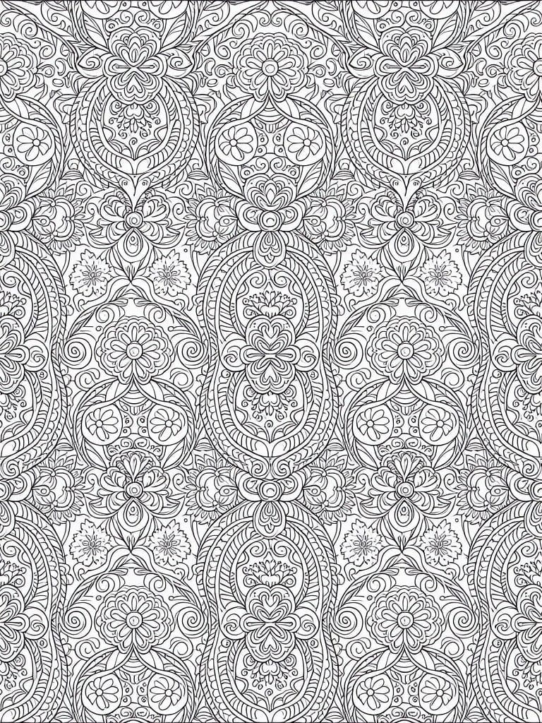Black and white line art coloring page with repeating symmetrical tiles of paisley, flowers, swirls, and dots.
