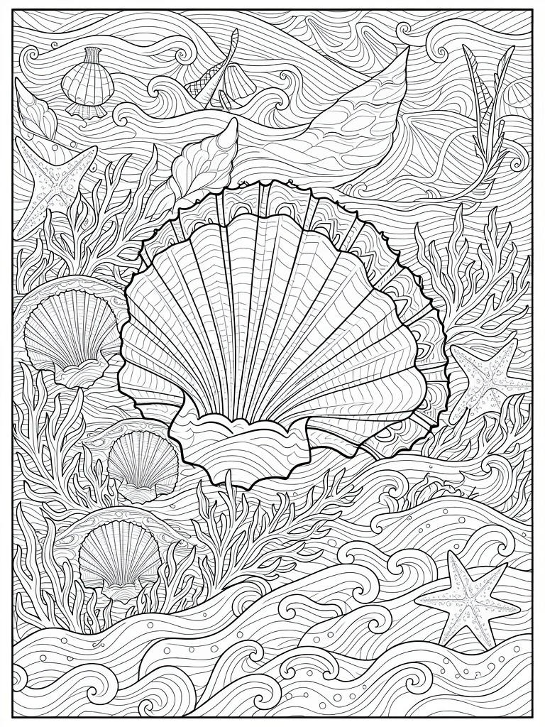 Detailed line drawing of multiple scallop shells surrounded by seaweed, waves, starfish, and nautical elements in an ocean scene.