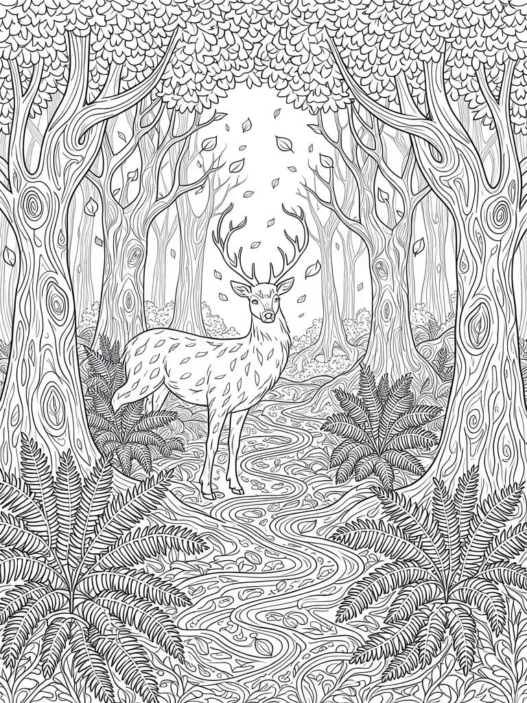 Black and white line art of a detailed deer on a forest path with trees, ferns, stream, and falling leaves.