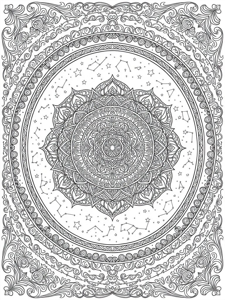 Detailed line art coloring page of a circular mandala featuring floral patterns, stars, and constellations framed by ornate borders.