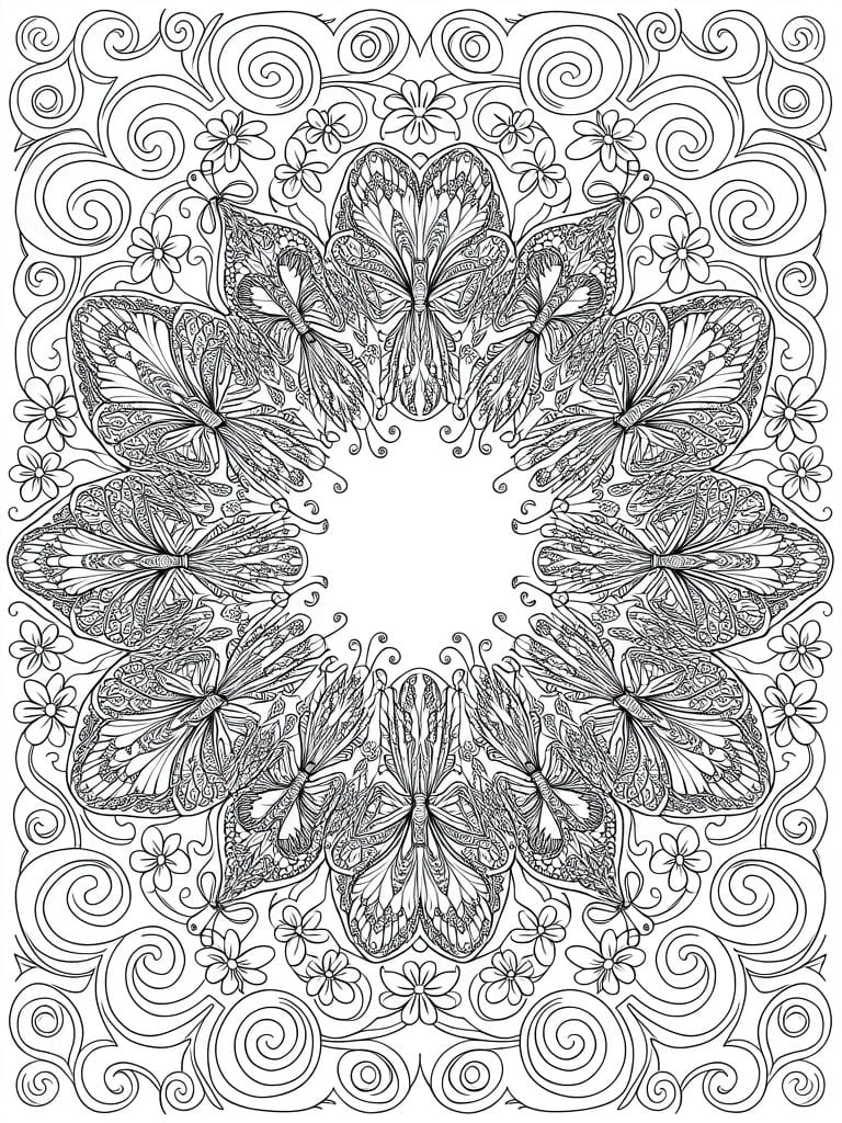 Detailed black line drawing of a circular mandala with butterflies arranged symmetrically around a central open circle, surrounded by swirling floral patterns and ornate borders.