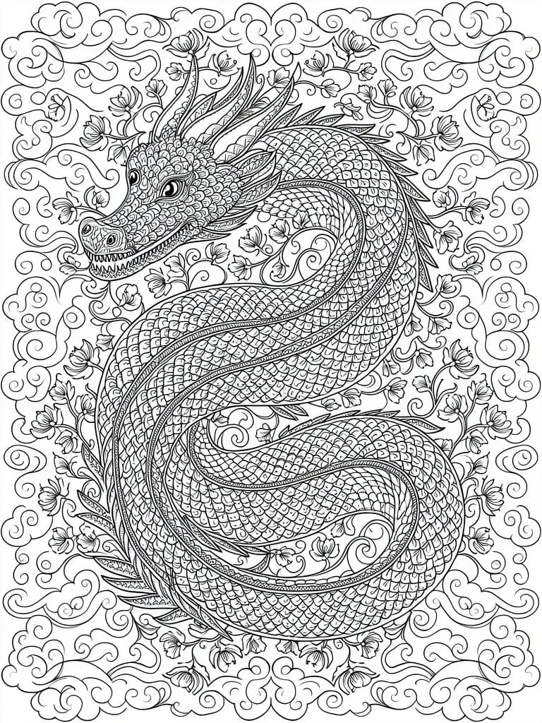 Black and white line art coloring page of a coiled Chinese dragon surrounded by lotus flowers, clouds, and decorative borders.