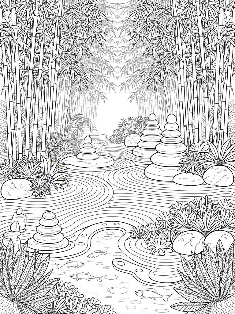 Line drawing of a bamboo grove path leading to a Zen garden with stacked rocks, swirling gravel, plants, stream, and fish.