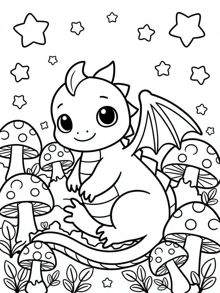 Black and white line drawing of a cute baby dragon sitting among mushrooms with stars and leaves in the background.