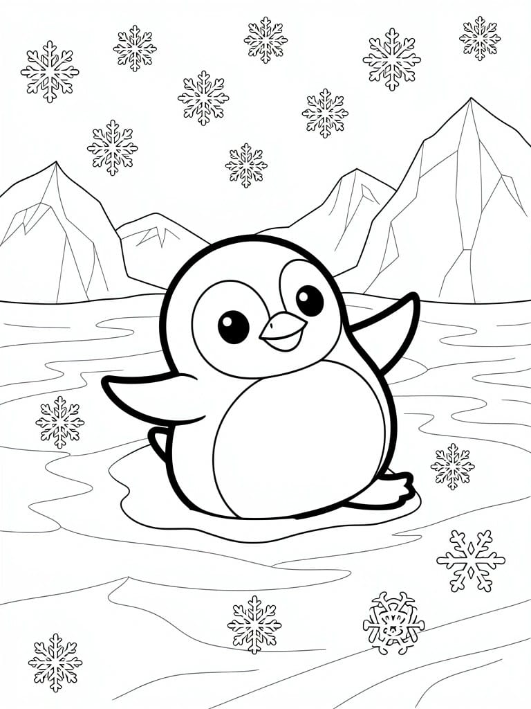Black line drawing of a chubby penguin with outstretched wings on ice, surrounded by snowflakes and distant mountains.