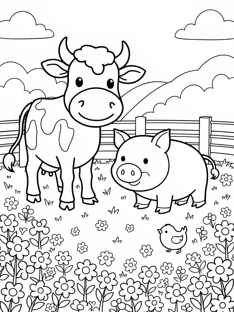 Black and white coloring page of a cow and pig near a fence on a farm with grass, flowers, clouds, mountains, and a small bird.