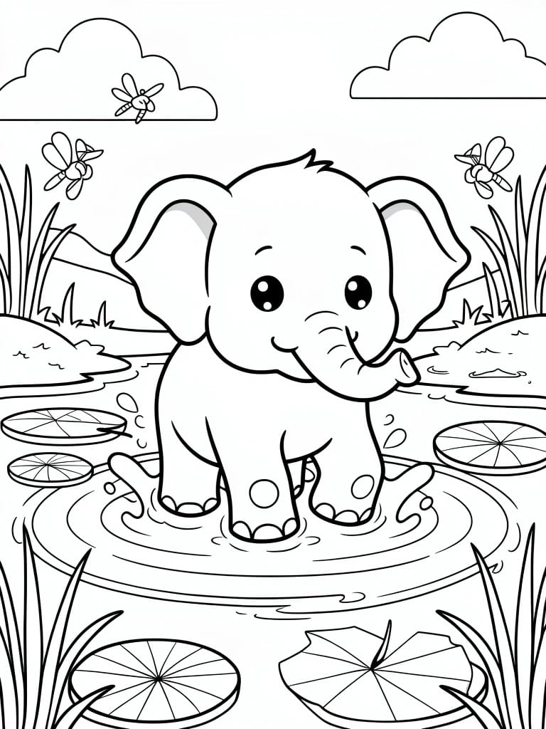 Black and white coloring page of a cute baby elephant standing in shallow water amid lily pads, reeds, bees, clouds, and distant hills.