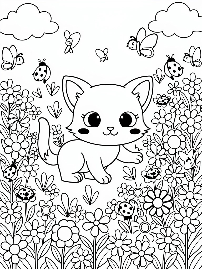 Line drawing of a kitten walking in a flower field surrounded by flowers, butterflies, ladybugs, and clouds.