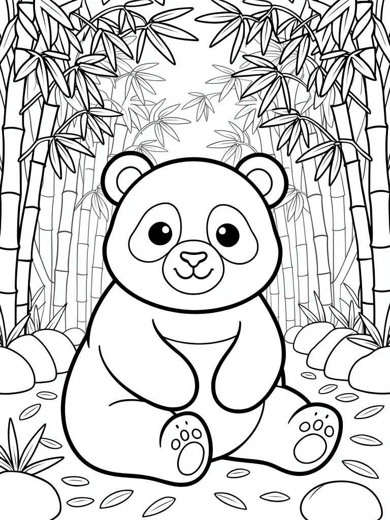 Black line drawing of a chubby panda sitting amid bamboo stalks with rocks and leaves on the ground.